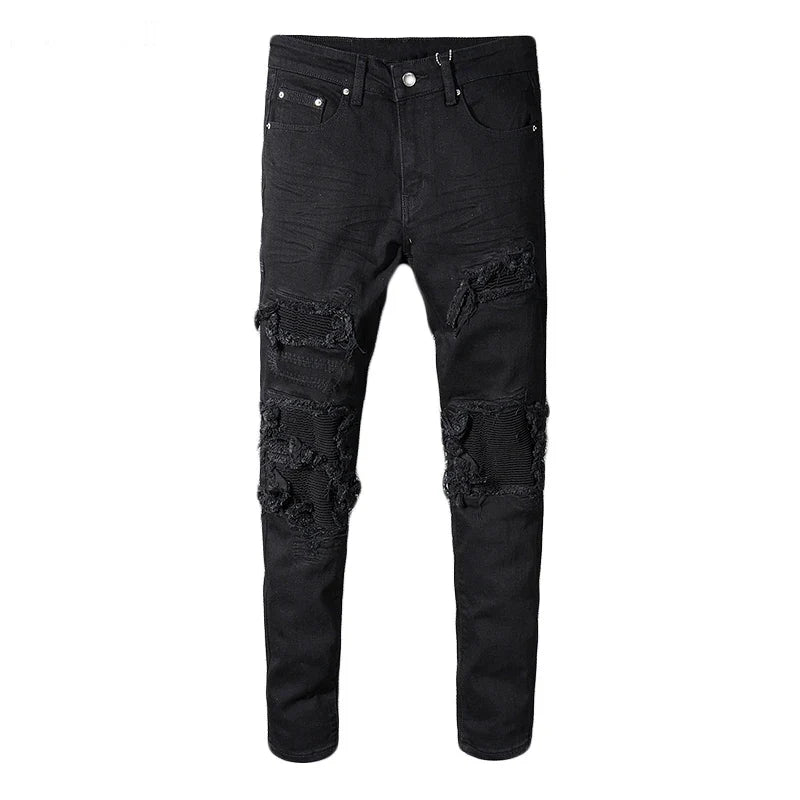 Sokotoo Men's Black Patchwork Stretch Denim Biker Jeans for Motorcycle Slim Fit Skinny Ripped Pencil Pants