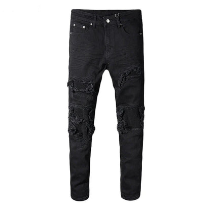 Sokotoo Men's Black Patchwork Stretch Denim Biker Jeans for Motorcycle Slim Fit Skinny Ripped Pencil Pants