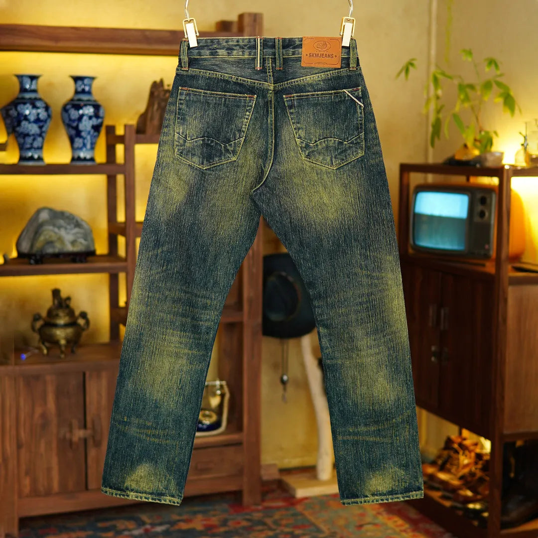 19oz Selvedge Emerald Denim Jeans for Men Tibetan 100% Cotton Yarn Plant-Dyed Thickened Straight-Leg American Retro Trousers 5KM