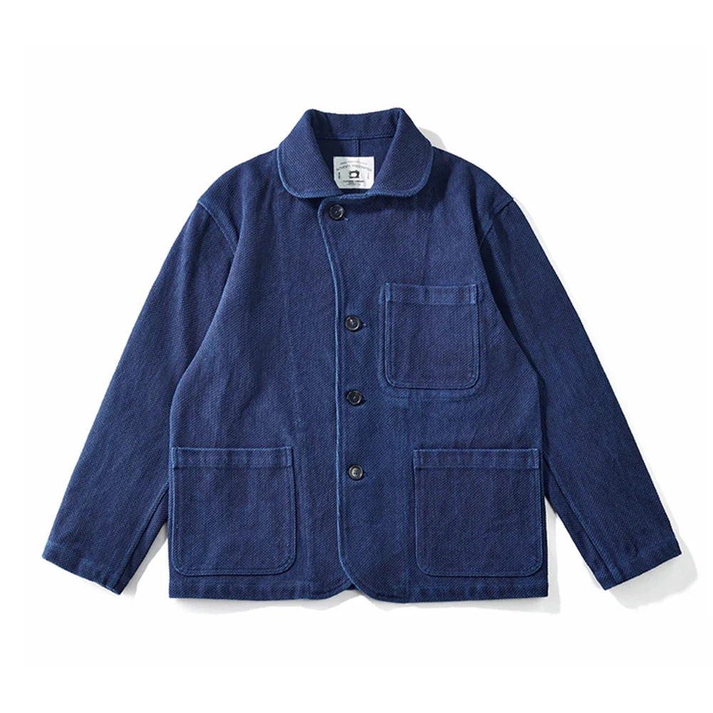 Heavy Weight Indigo Jacket Men Autumn Winter Vintage Workwear Tooling Jacket Blue Dyed Kendo Fabric Multi-pocket Cardgian Coat