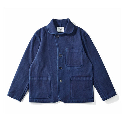 Heavy Weight Indigo Jacket Men Autumn Winter Vintage Workwear Tooling Jacket Blue Dyed Kendo Fabric Multi-pocket Cardgian Coat