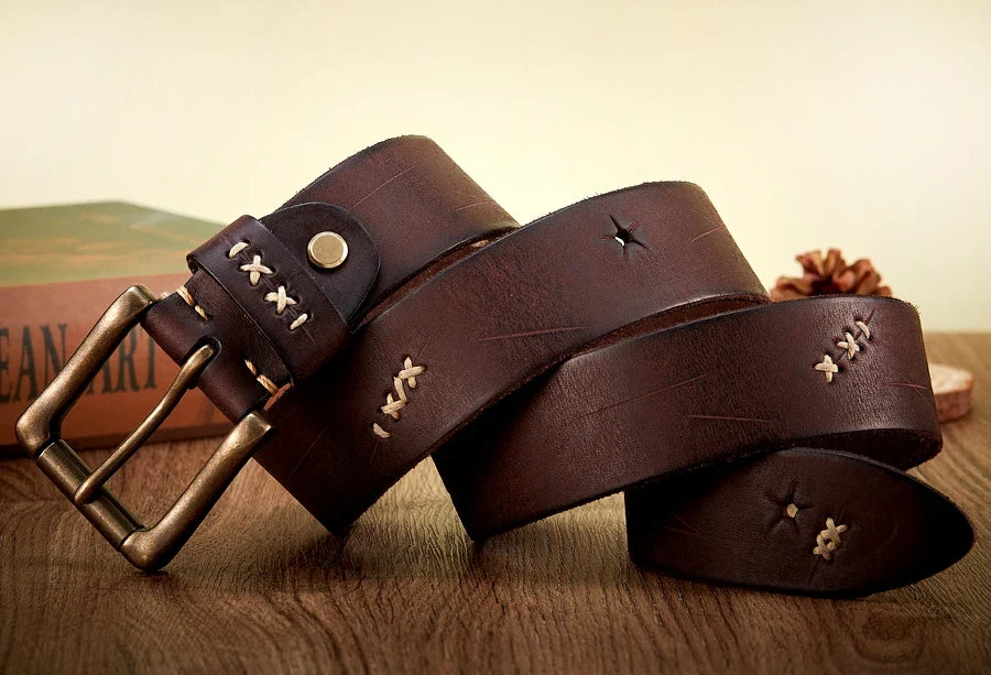 Vintage Genuine leather Luxury Handmade Leather Copper Buckle Man's Belt Cowhide Retro All-match Casual Jeans Soft Belt