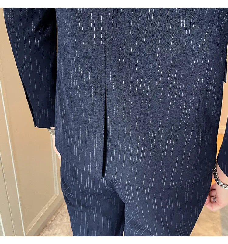 ( Blazer + Vest + Pants ) High-end Formal Casual Business Striped Fashion Men's 3 Piece Suit Groom Wedding Dress Suit