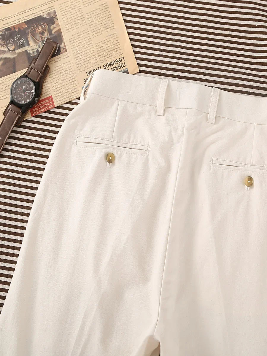 2026 Cotton-Linen Men's Casual Trousers | Old Money Beige Slim Straight Pants with Elastic Waist & 9/10 Cuff
