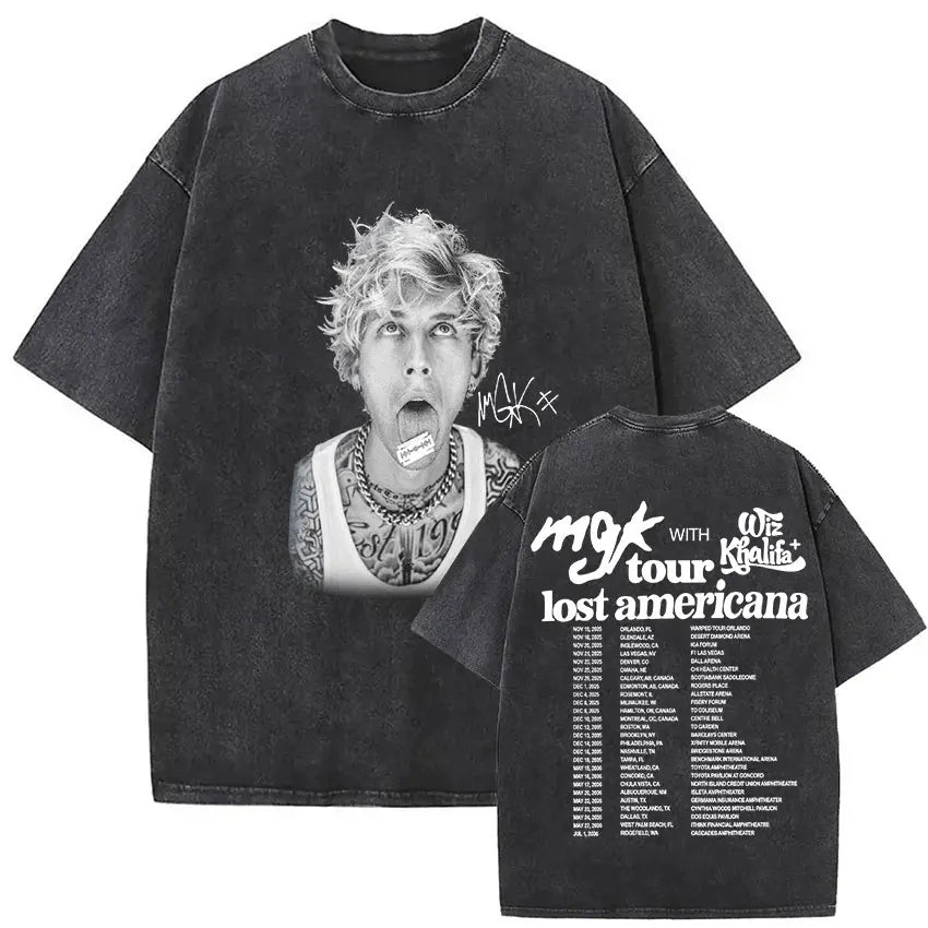 MGK Lost Americana Tour 2025-2026 Vintage Washed T Shirt Men Women Summer Fashion Cotton Short Sleeve T-shirt Fans Gift Clothing