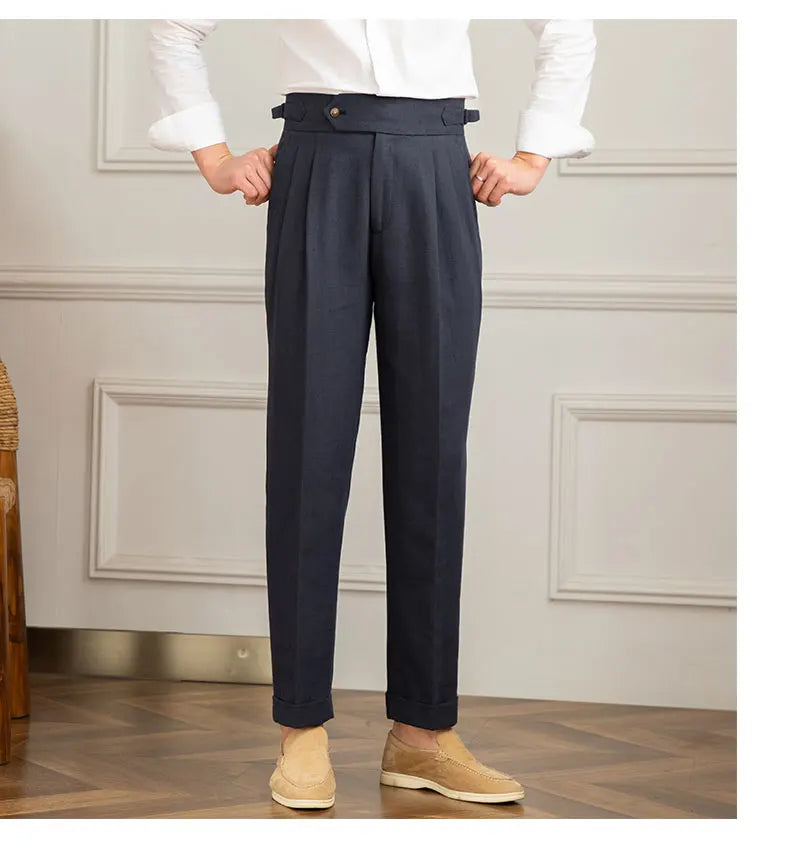 Three Gentleman Summer Naples Casual Straight Pants Men's Commuting Cotton and Linen Comfortable Breathable High Waist Pants