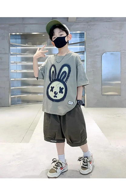 Summer Boys Cotton Leisure Cartoon Print T-Shirt Top+Shorts Pant Set School Kids 2PCS Tracksuit Children Vacation Outfit 5-16Yr