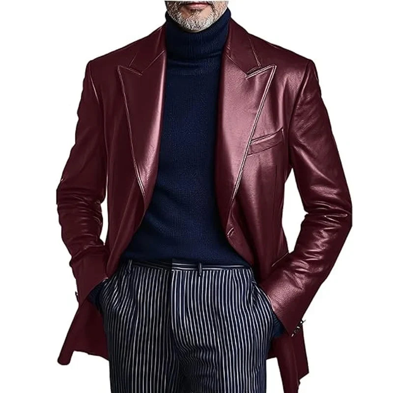 Men's Dress Leather Jacket Burgundy Luxury Slim Fit Notchde Lapel Flap Pocket Retro Soft Sport Coat For Business Casual
