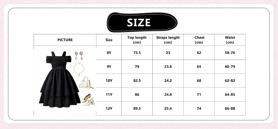 Kids Dress For Girls Black Solid Color Sling Short Sleeve Ruched Tiered Dress 8-12 Years Summer Frenchy Simple Style Elegant