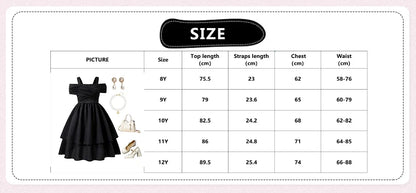 Kids Dress For Girls Black Solid Color Sling Short Sleeve Ruched Tiered Dress 8-12 Years Summer Frenchy Simple Style Elegant