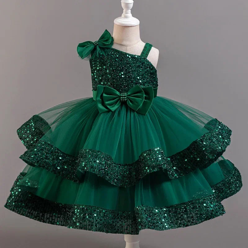 Fashion Birthday Dress Lace Mesh Bow Kids Girls Sequin Dress Summer Children Clothing Princess Ball Gown Pageant 1-6 Years