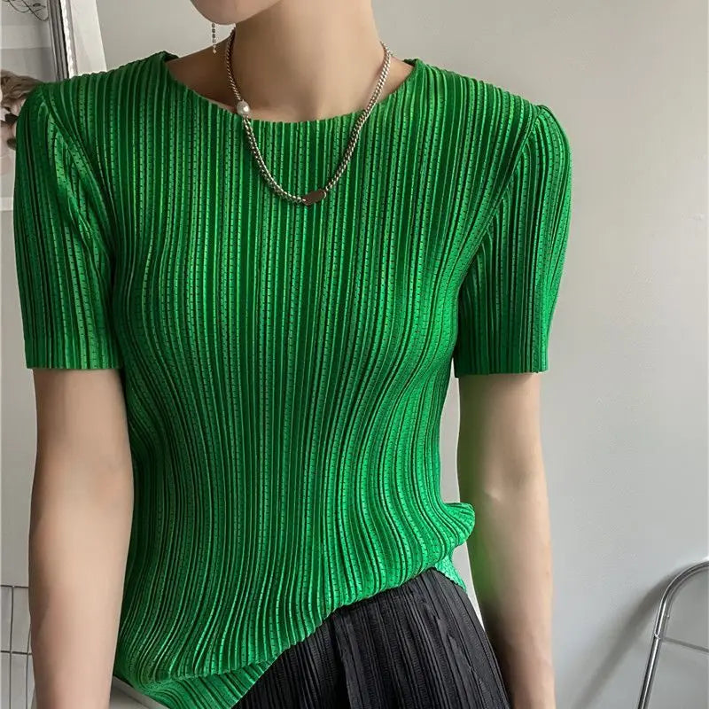 Miyake Pleated Short Sleeve Women's 2023 Summer New Thin Stretch Crew Neck All-Matching Slim Fit Pleated Hollow T-shirt Women