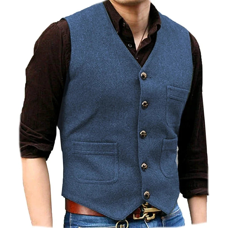 Men Vest Dark Green Herringbone Single Button V Neck With Pocket Waistcoat For Wedding Banquet Business Casual Work Men Suit