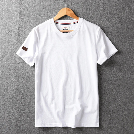 Summer New American Retro Short-sleeved O-neck Solid Color T-shirt Men's Fashion Simple 100% Cotton Washed Casual Sport Tops