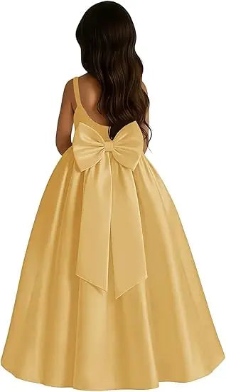 Long Ivory Satin Flower Girl Dresses for Wedding Bow Party Birthday Princess Dress Junior Bridesmaid First Holy Communion Gowns