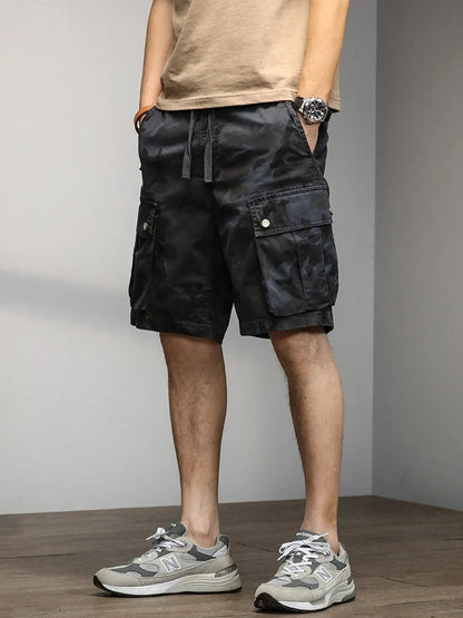 2024 Men's Shorts Camouflage Grey Summer Casual Elastic Waist Knee Length Camo Cargo Short Men Stretch Drawstring Cotton Bermuda
