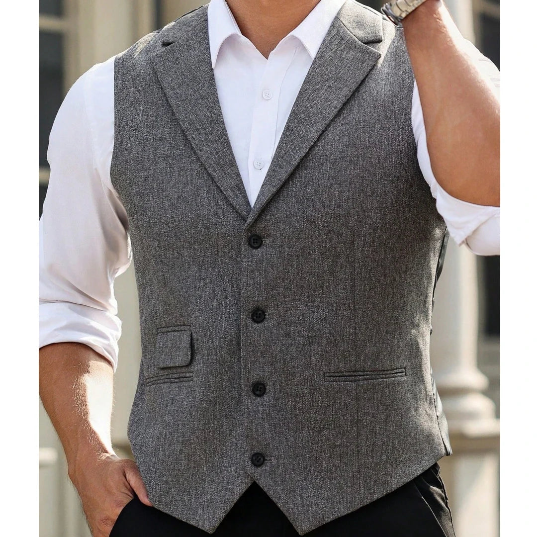 Men Vest Gray Herringbone Single Button With Lapel Waistcoat For Wedding Banquet Business Office Work Daily Casual Men Suit Vest