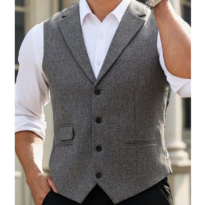 Men Vest Gray Herringbone Single Button With Lapel Waistcoat For Wedding Banquet Business Office Work Daily Casual Men Suit Vest