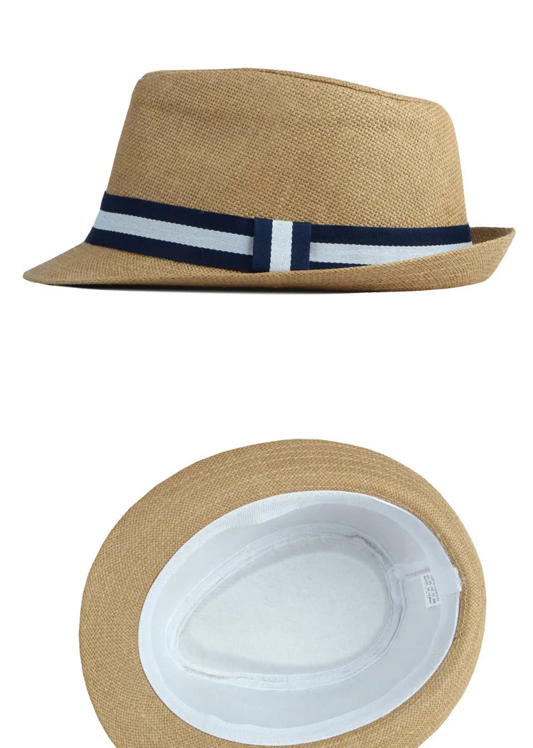 Summer Men's Jazz Hat British Retro Spy Hat Beach Casual Straw Woven Small Top Hat Female Stripe Belt Fedoras Hat Panama Cap