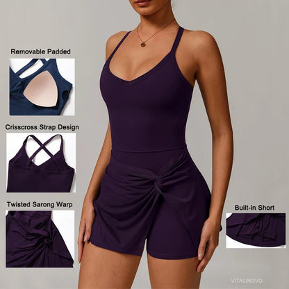 Womens Tennis Dress with Shorts Underneath Workout Dress with Built-in Bra Deep V Neck Athletic Dresses Golf Dress