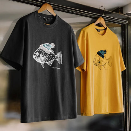Deep-Sea Fish Printed T-shirt for Men Cotton O-Neck Short Sleeve T Shirts Creative Animal Pattern Tees Summer Casual Tops