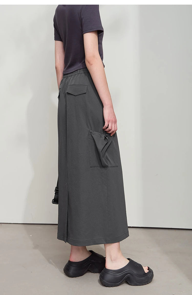 Minimalist Women Clothing Skirt 2025 Autumn New Casual Loose Multi-pocket Drawstring Elastic Waist Long Skirt 12522020