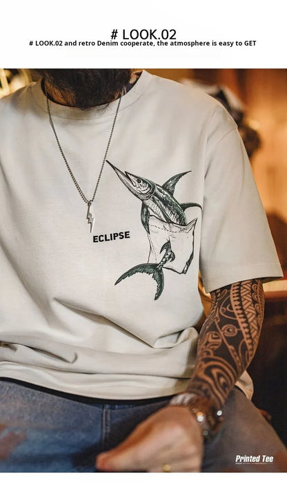 Casual Printed Short Sleeve T-Shirt Men's Summer Loose Fit Heavyweight Cotton Ribbed Round Neck Tee  Versatile Street Tops