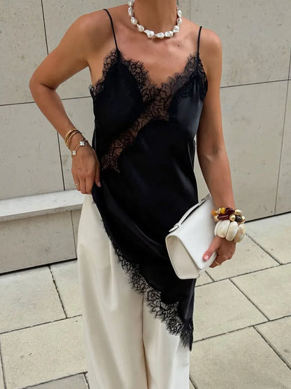 Satin Asymmetric Patchwork Lace Sexy Dress Women Elegant Sling Backless Split Black Dress Female Party Club Dress Streetwear