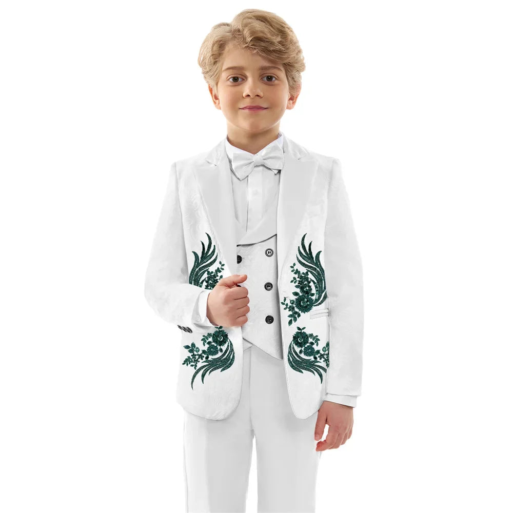 Luxurious Beaded Appliques Suit Set 4 Pieces For Boys Jacquard Kids Suits Performance Costumes Handsome Party Tuxedo