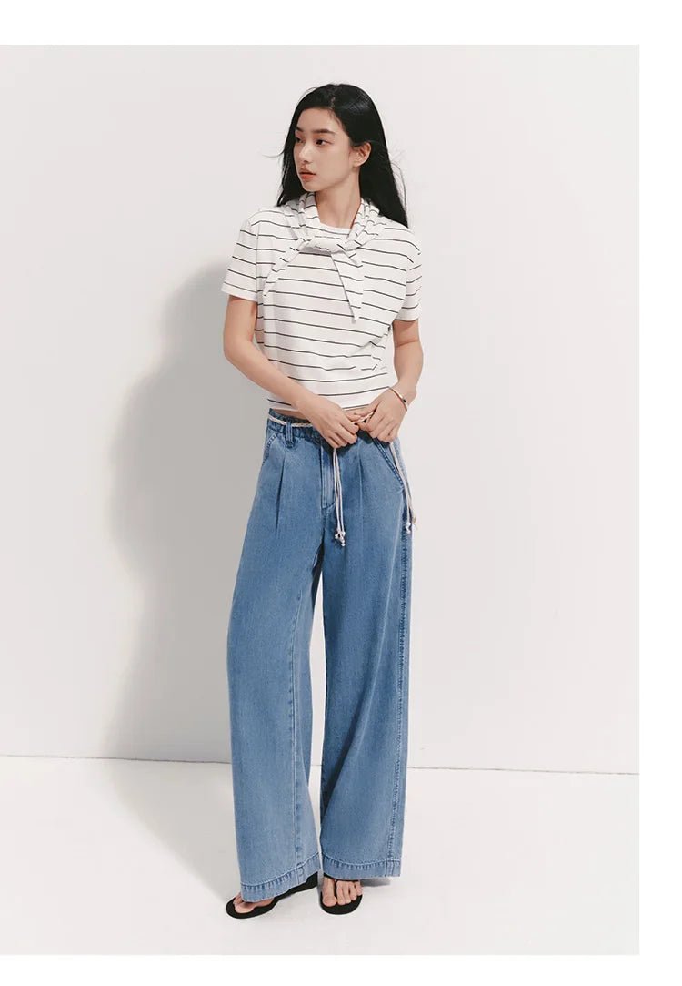 Women Jeans Soft Cool Belted Loose Wide Leg Denim Pants 2026 Summer Casual Daily