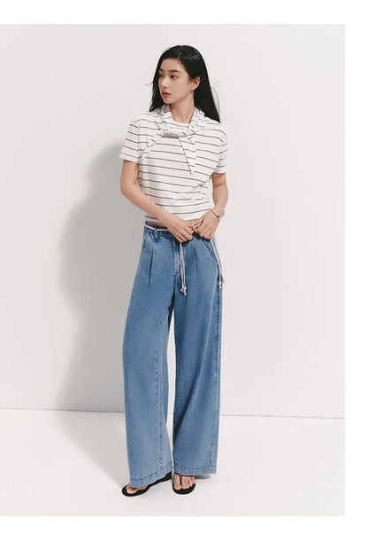 Women Jeans Soft Cool Belted Loose Wide Leg Denim Pants 2026 Summer Casual Daily