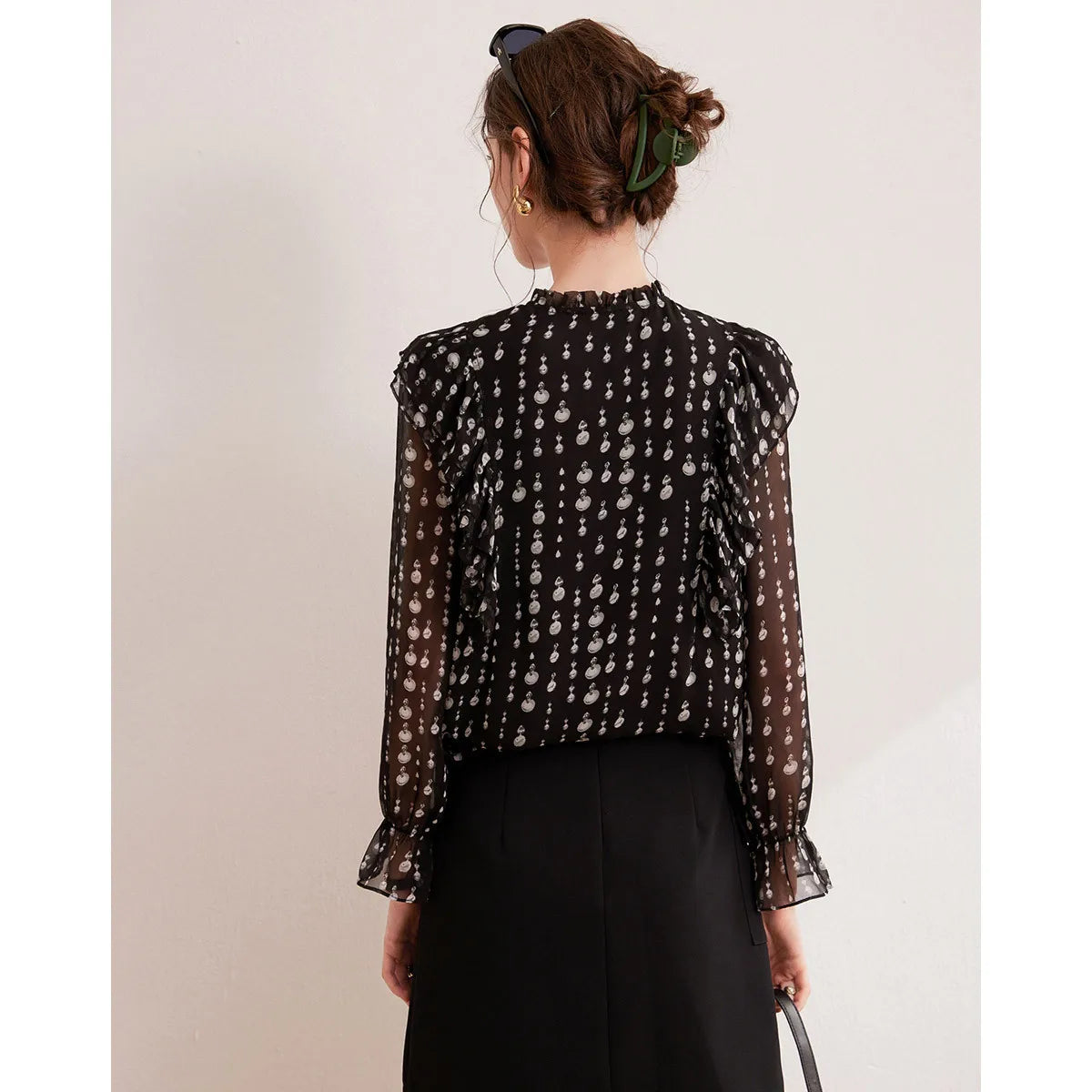 2024 Sweet Printed Stand up Collar Shirt Autumn Edition Gentle Bubble Sleeves Non Elastic Women's Shirt
