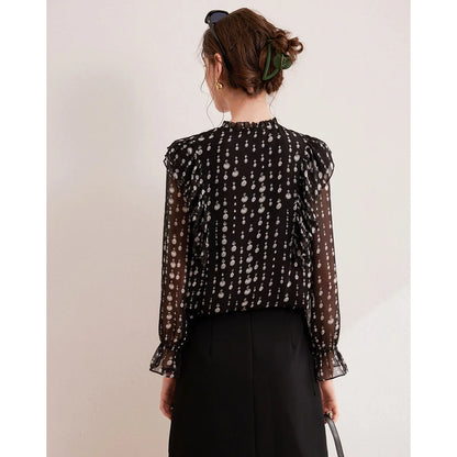 2024 Sweet Printed Stand up Collar Shirt Autumn Edition Gentle Bubble Sleeves Non Elastic Women's Shirt