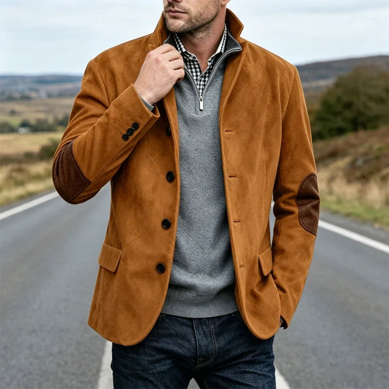 Vintage Men's Suede Blazer Notch Lapel Elbow Patches Slim Fit Jacket Business Casual Men Fashion Outerwear for Spring Autumn
