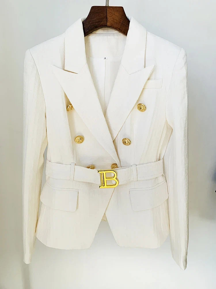 HIGH STREET Newest 2026 Designer Jacket Women's Double Breasted Lion Buttons Monogram Jacquard Belted Blazer