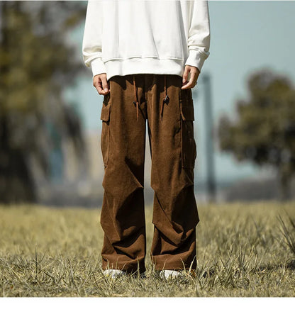 2025 autumn and winter new retro brown corduroy multi pocket workwear pants for men, loose drawstring elastic waist pants