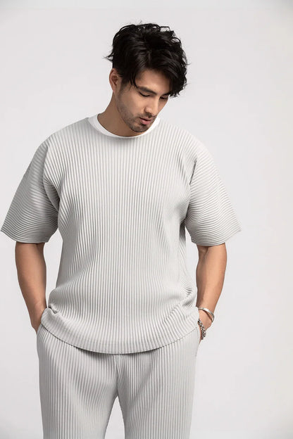 Miyake Shirt Thin Breathable Short Sleeve Round Neck T Shirt Summer Solid Sports Top Miyake Pleated Men