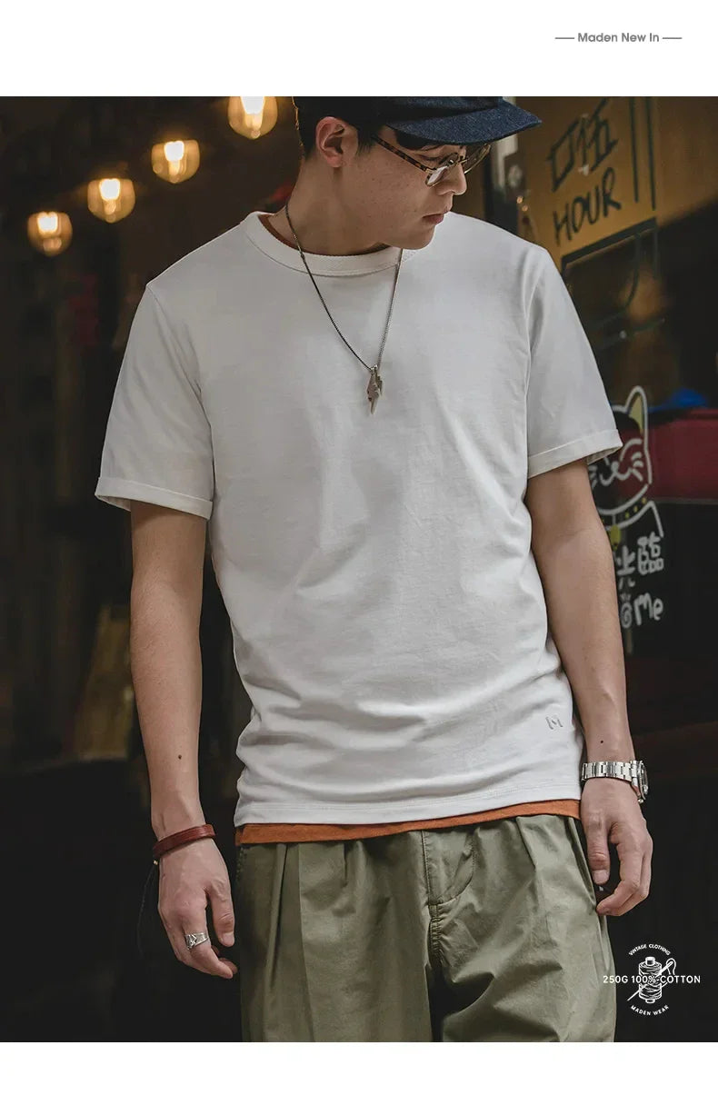 Summer Solid Color Short Sleeve T-Shirts 100% Cotton Round Neck Tees with Rolled Edge Cuffs Casual Tops for Men