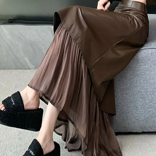 تنورة نسائية ريترو، تنورة طويلة بخصر عالٍ وقصة A-line بتصميم جديد للخريف المبكر من الجلد بخياطة غير متماثلة