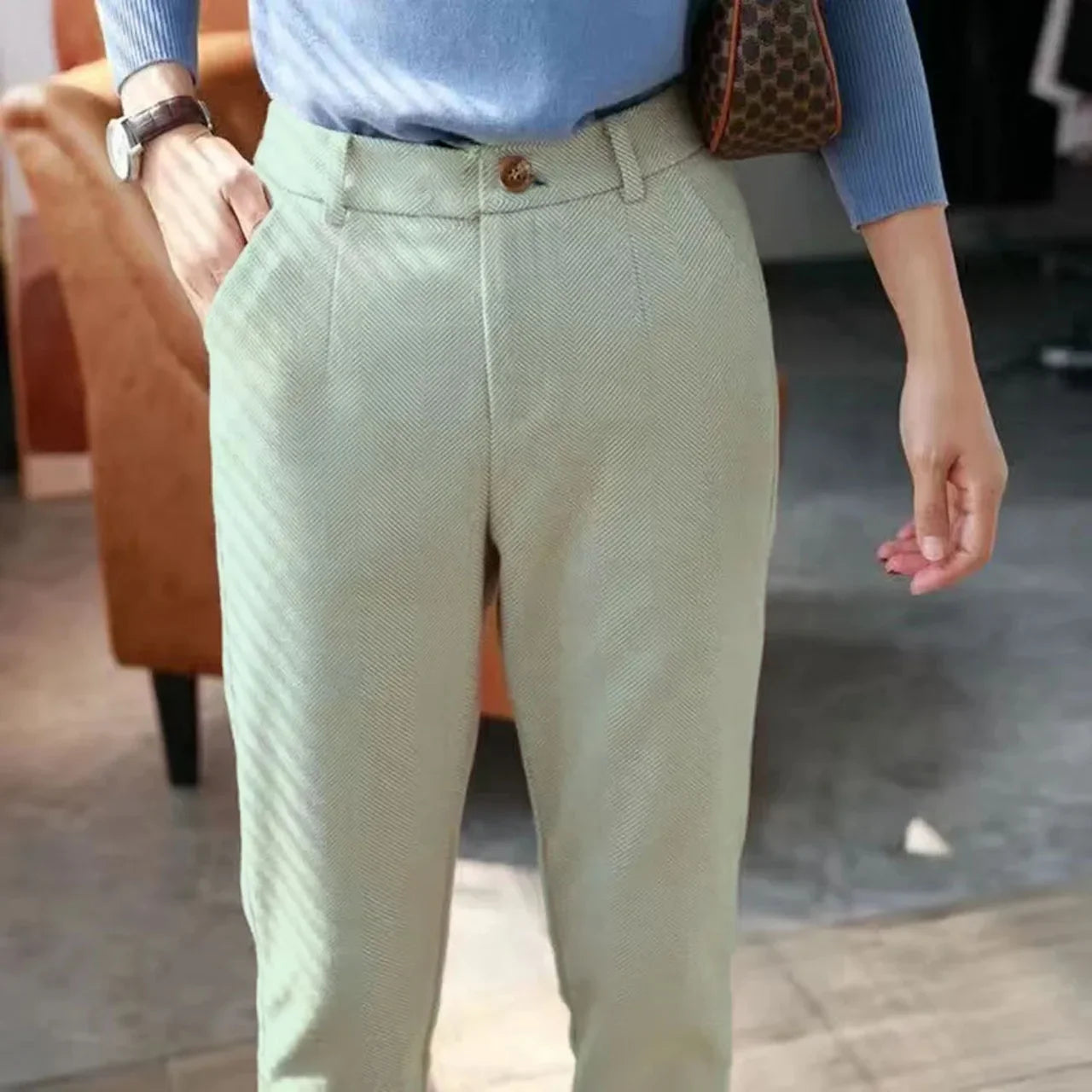 Italian Vintage Suit Pant For Men Autumn Winter Wool Herringbone Pattern Straight Trousers British Style Business Casual Pants
