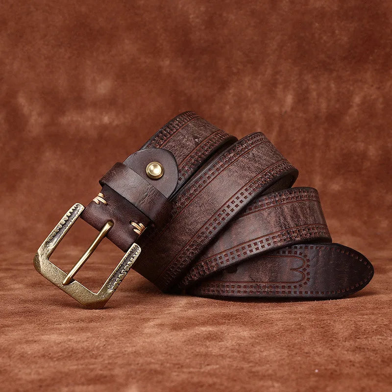 3.8CM Pure Cowhide High Quality Genuine Leather Belts for Men Brand Strap Male Brass Retro Buckle Jeans Cowboy Cintos Luxury