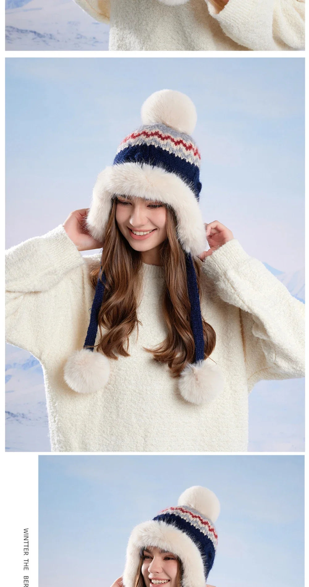 New Thick Warm Women Winter Hat Skullies Beanies Knitted Fur Hat Three Fur Ball Beanie Hat Female Earflap Cap Russian Hat