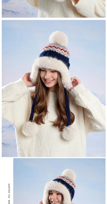 New Thick Warm Women Winter Hat Skullies Beanies Knitted Fur Hat Three Fur Ball Beanie Hat Female Earflap Cap Russian Hat