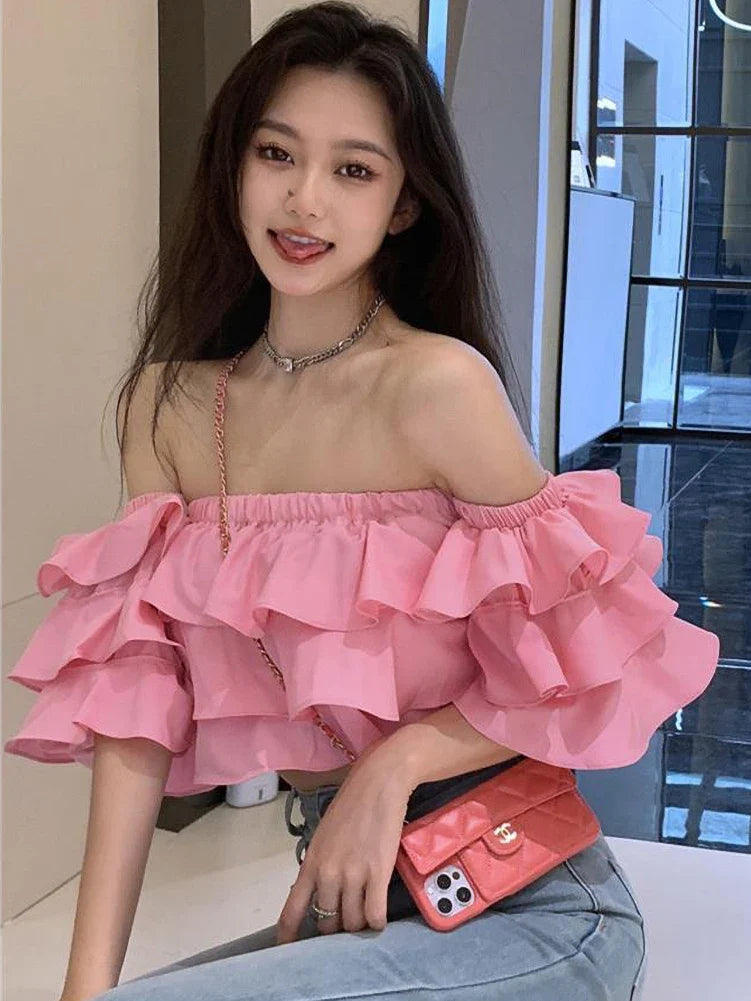 Off Shoulder Fashion Woman Blouse Stacked Ruffles Crop Top Shirt Summer Designer Short Sleeve Chiffon Sexy 2023 New