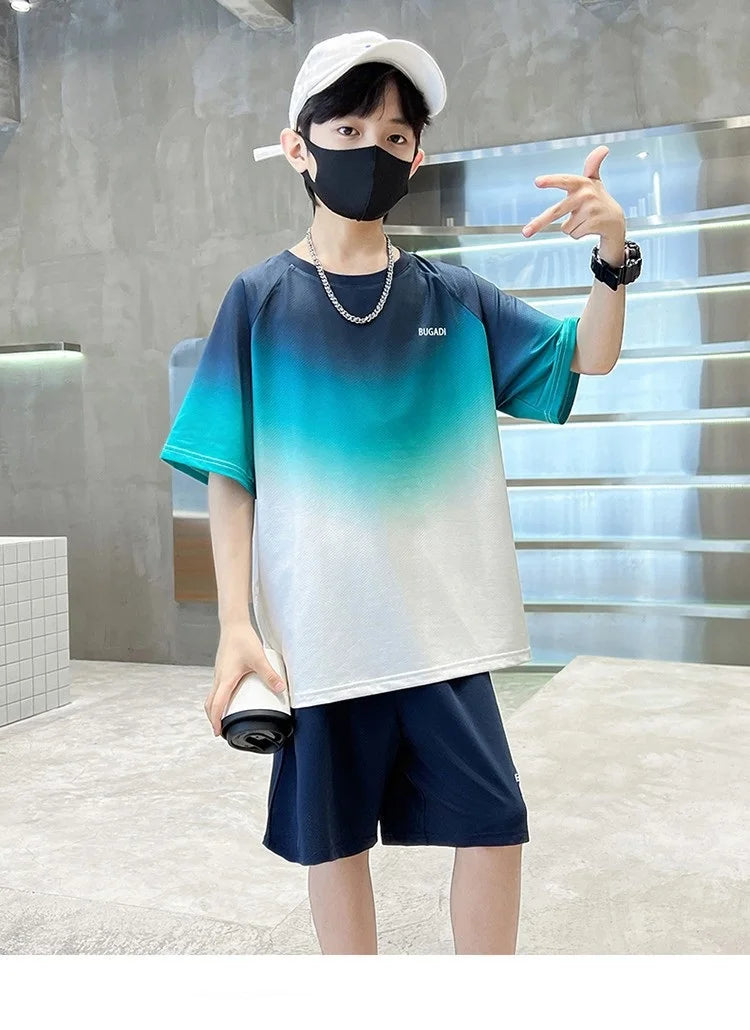 Summer Boys Gradient Quick-dry T-Shirt Top+Shorts Pant Sportswear Set School Kids 2PCS Tracksuit Children Jersey Outfit 5-16 Yr