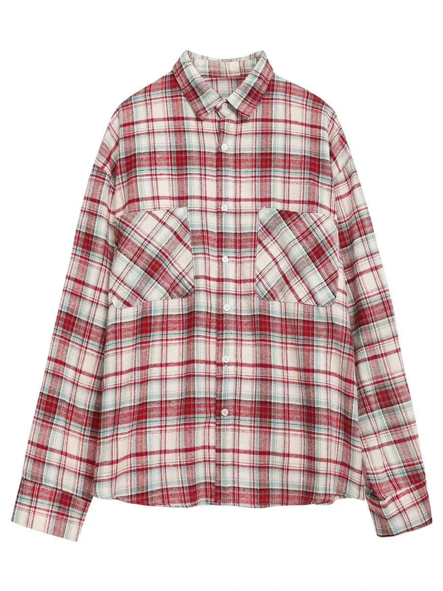 Women's Cotton Shirt Single Breasted Loose New Retro Color Blocked Grid Female Blouses Autumn Spring 2026