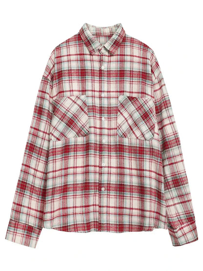 Women's Cotton Shirt Single Breasted Loose New Retro Color Blocked Grid Female Blouses Autumn Spring 2026