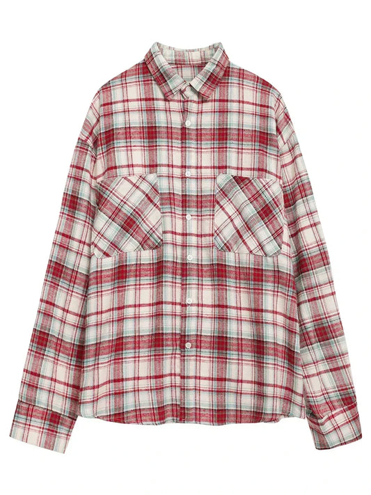 Women's Cotton Shirt Single Breasted Loose New Retro Color Blocked Grid Female Blouses Autumn Spring 2026