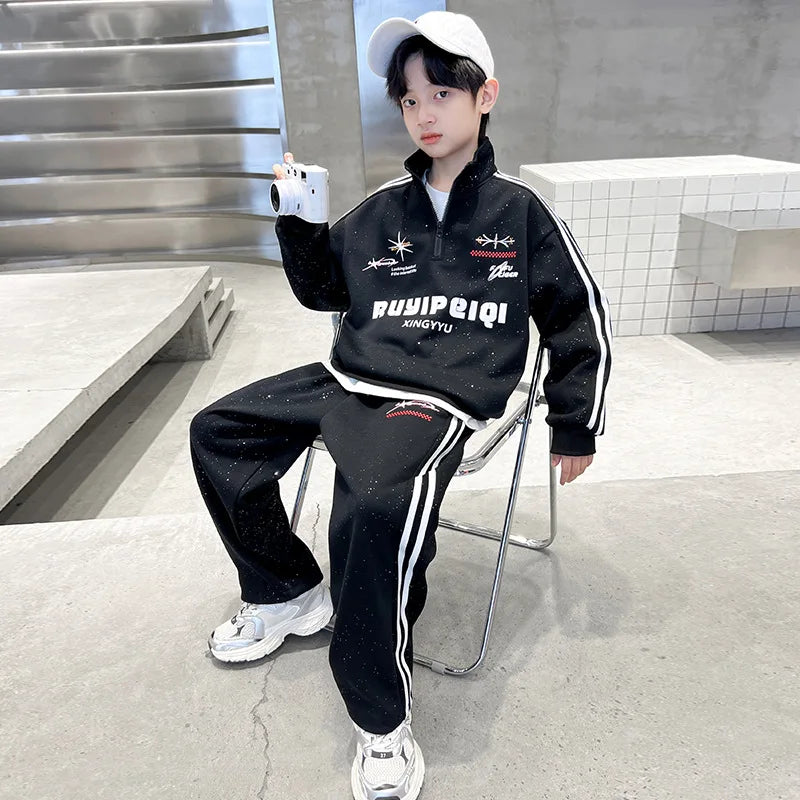 Spring Autumn Boys Striped Half Zip Sweatshirt+Sweatpant Workout Sets School Kids Tracksuit Children Outfit Jogging Suit 5-16 Yr