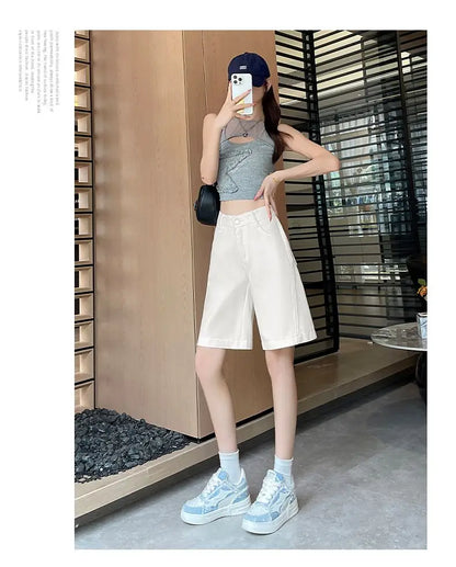 Women's 2026 Summer White Five-Point Denim Shorts Korean Y2K High Waist Loose Slimming Stretch Straight Leg Jeans